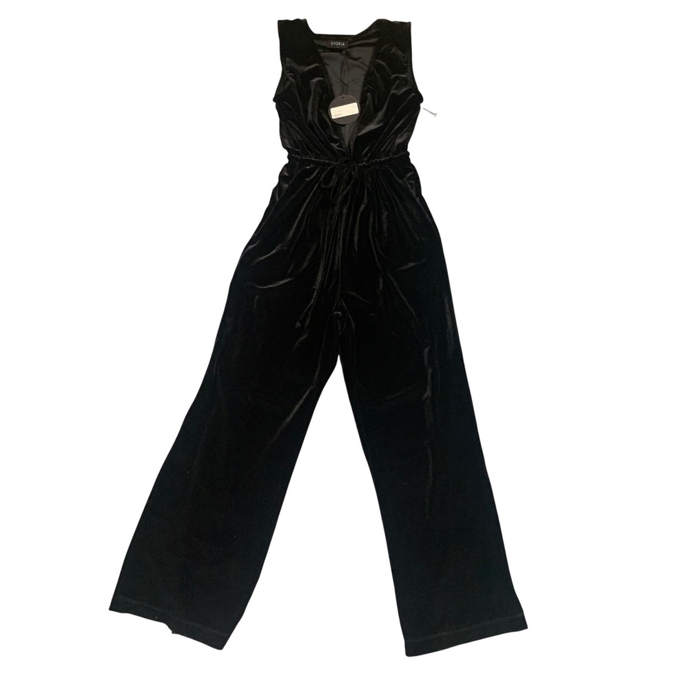Storia Womens Black Velvet Wide‎ Leg Jumpsuit Sleeveless Deep V-Neck Small Glam